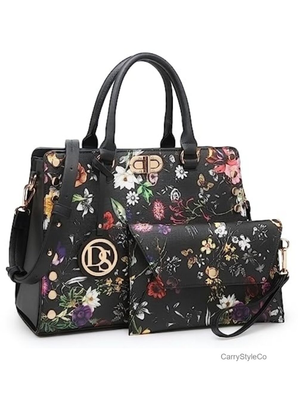 Vegan Leather Satchel Tote Set with Matching Clutch, Work Bag, 2-Piece Purse Set